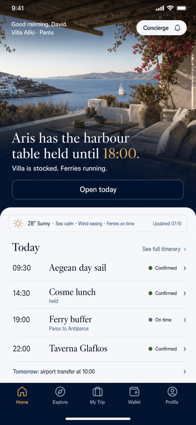 Sommet app Home screen populated with live stay context